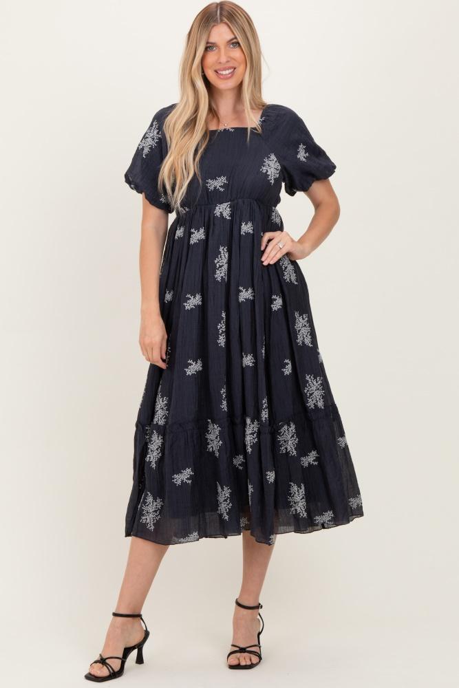 navy floral embroidered puff sleeve midi dress