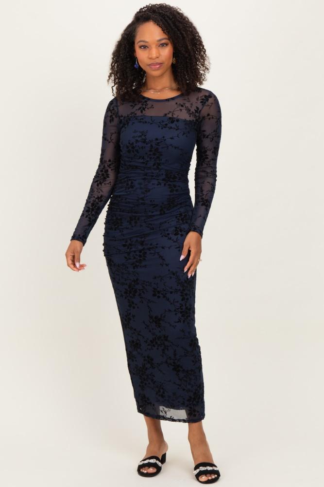 navy floral flocked mesh long sleeve midi dress