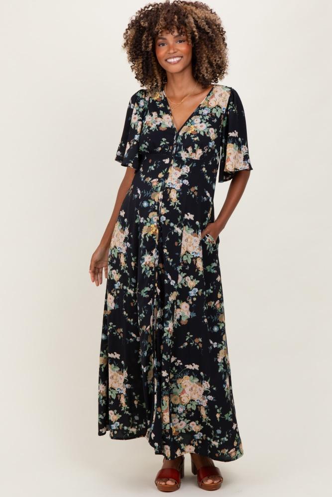 navy floral flutter button down maternity maxi dress