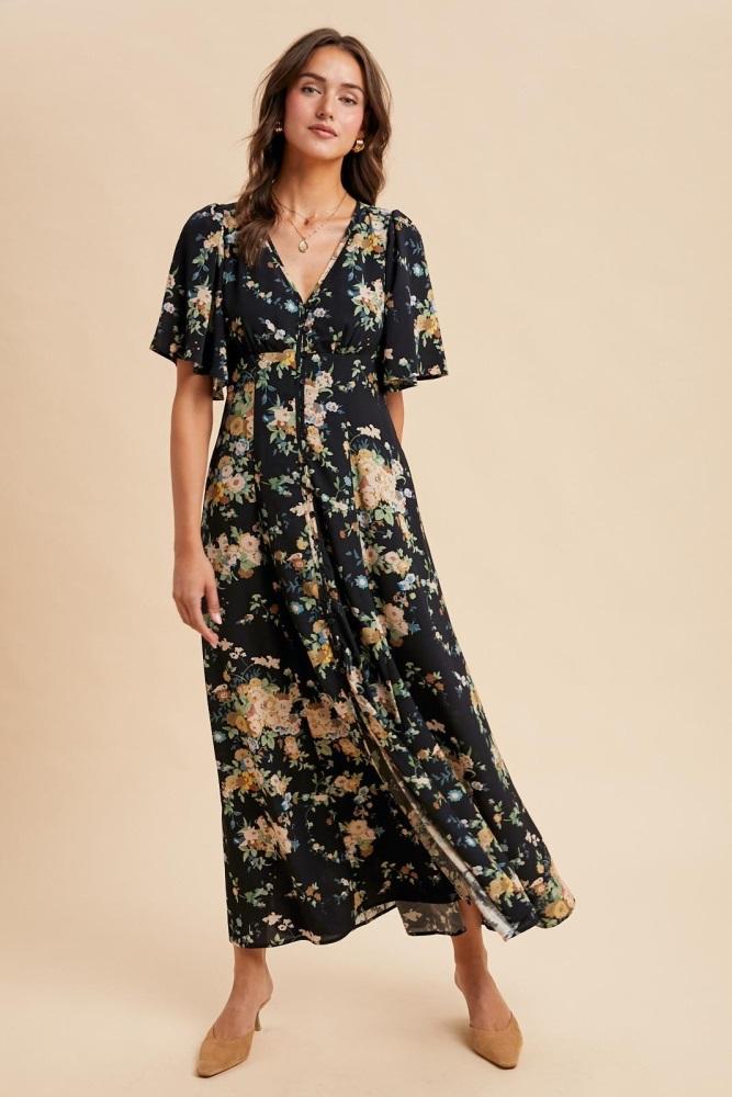 navy floral flutter button down maxi dress