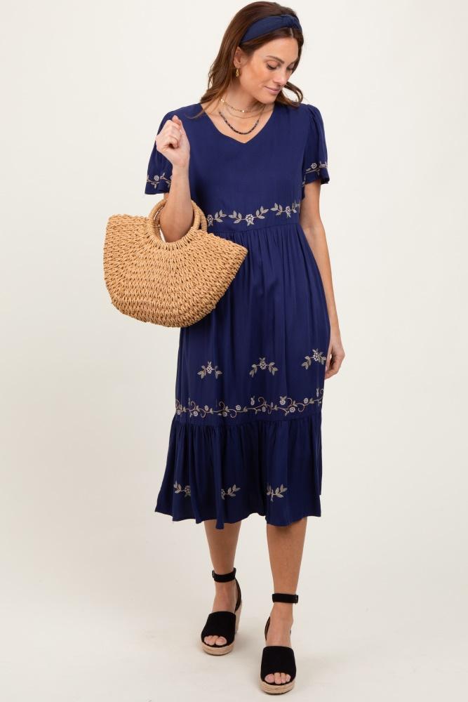 navy floral lace midi dress