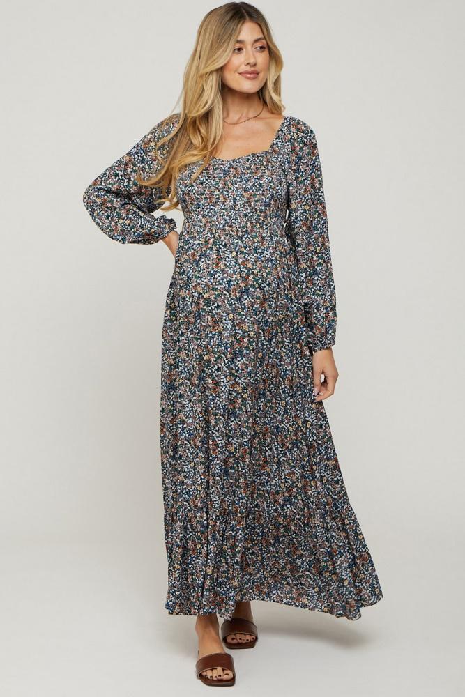 navy floral long sleeve maternity maxi dress
