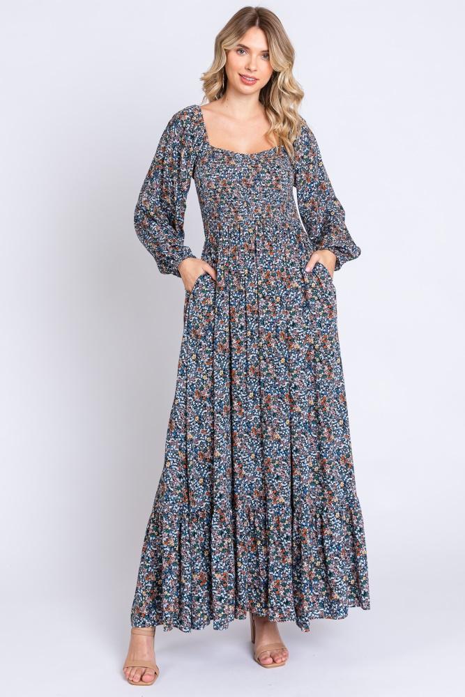 navy floral long sleeve maxi dress