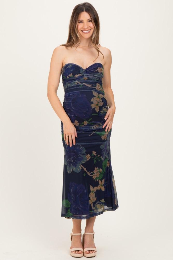 navy floral mesh ruched maternity midi dress