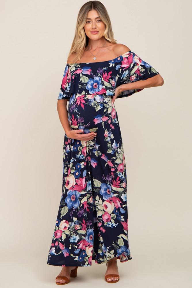 navy floral off shoulder flounce maternity maxi dress
