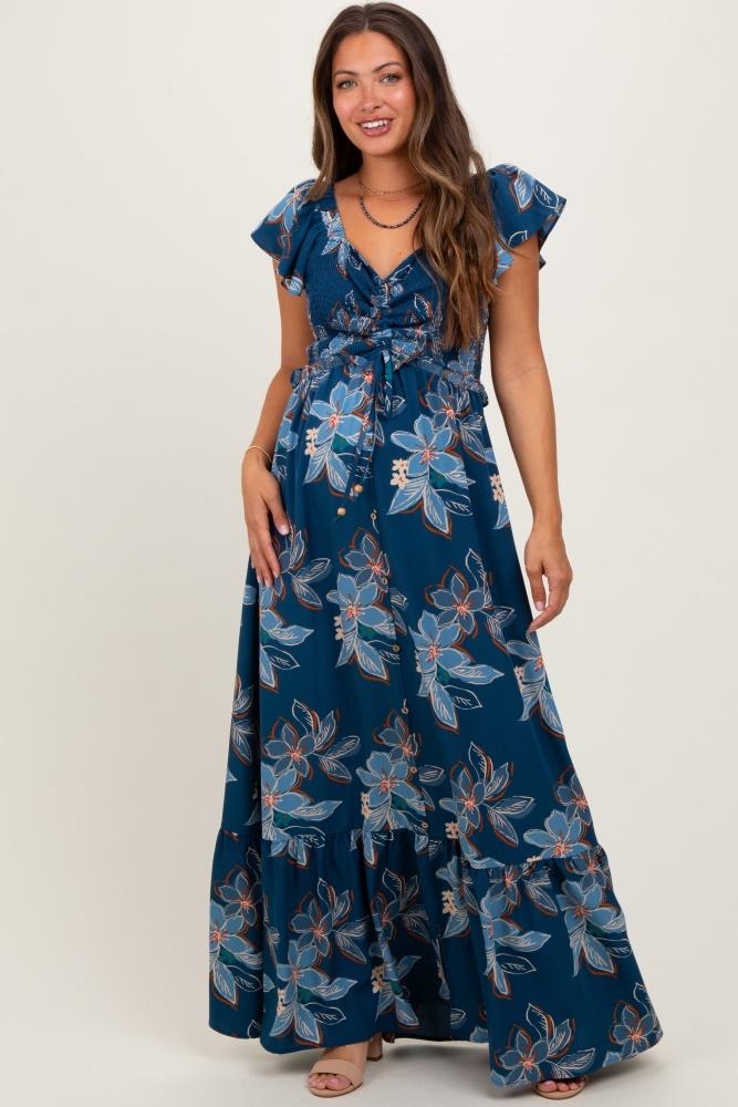 navy floral smocked cinched top maternity maxi dress