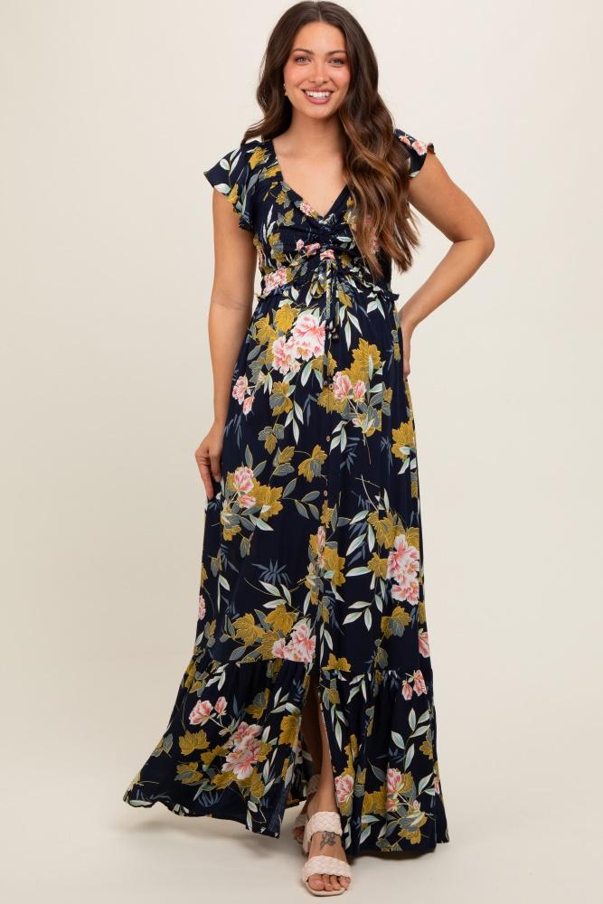navy floral smocked cinched top maternity maxi dress