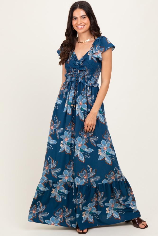 navy floral smocked cinched top maxi dress