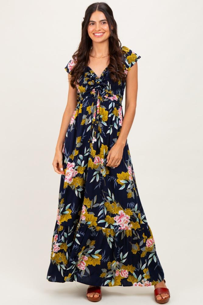 navy floral smocked cinched top maxi dress