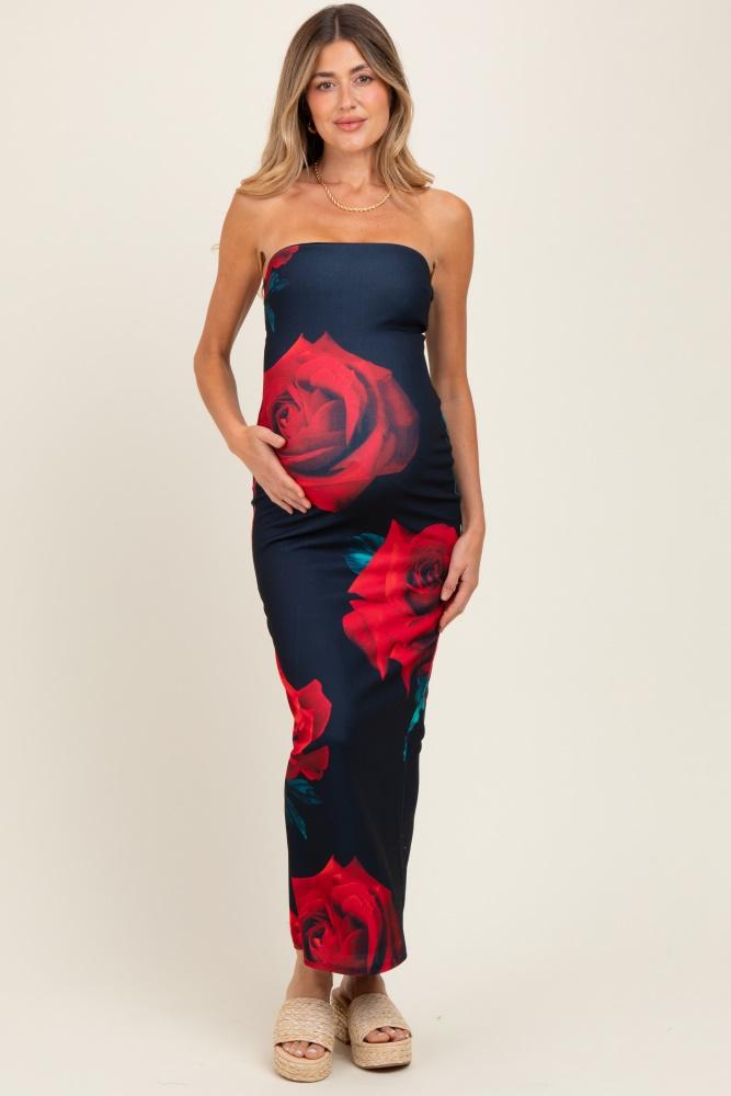 navy floral strapless maternity maxi dress