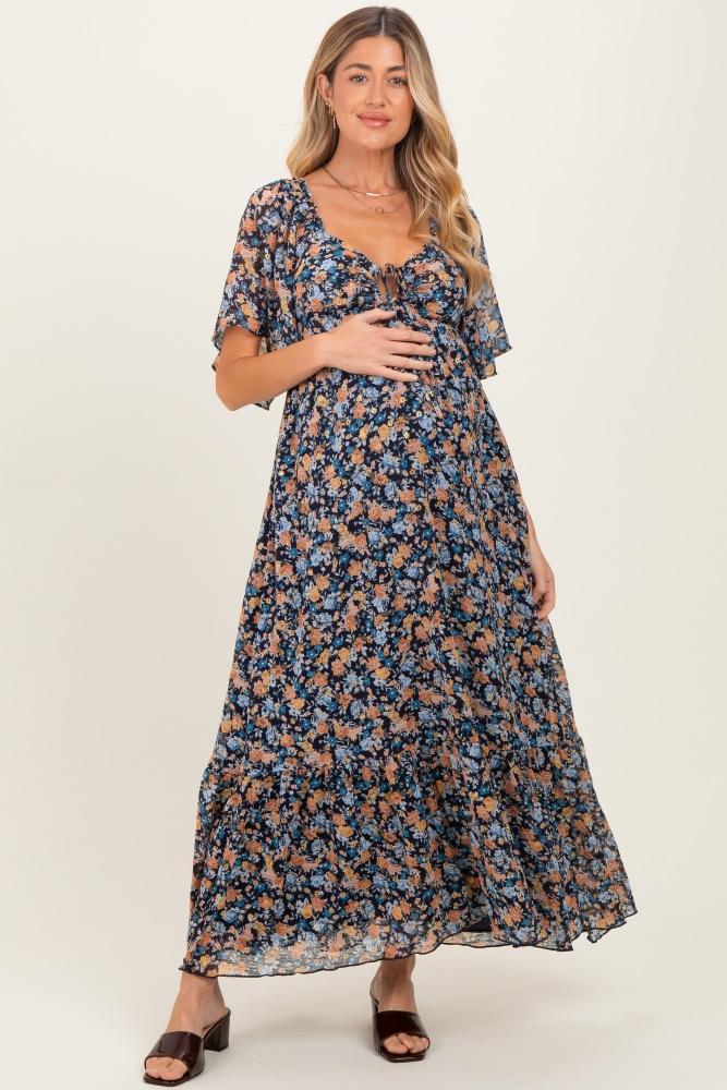 navy floral sweetheart neck flutter sleeve maternity maxi dress