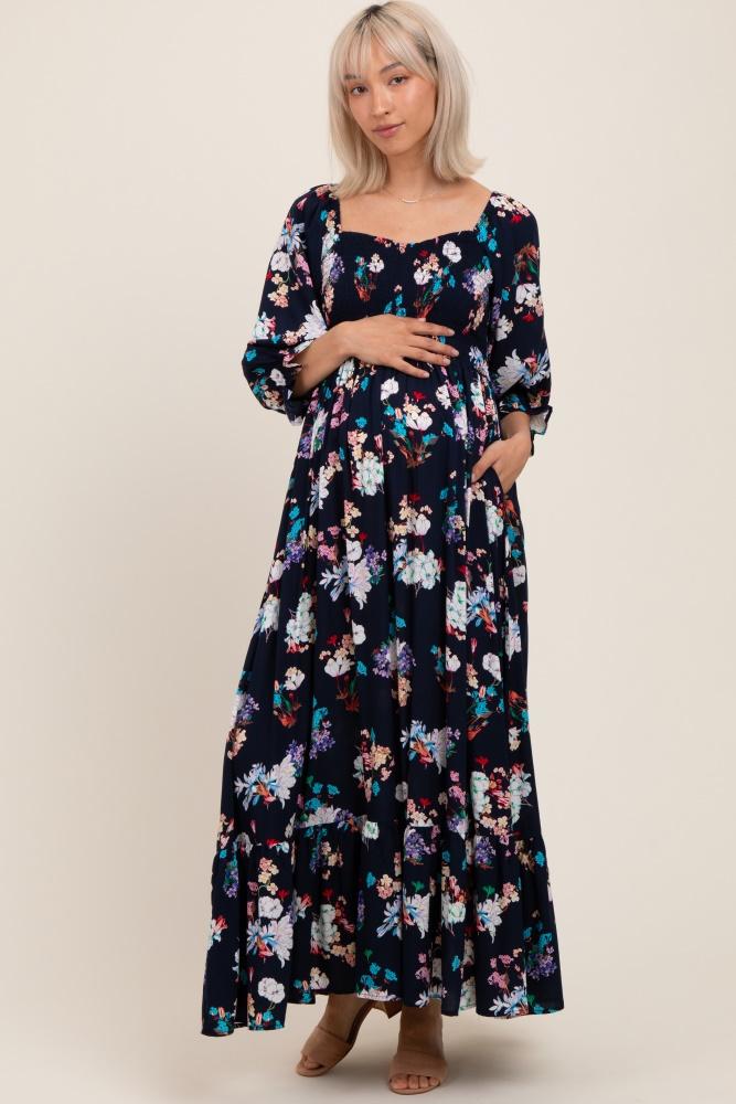 navy floral sweetheart puff sleeve maternity maxi dress