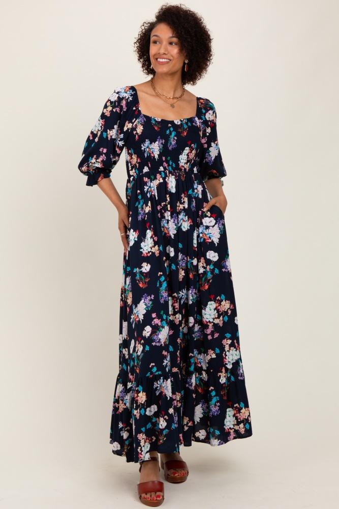 navy floral sweetheart puff sleeve maxi dress