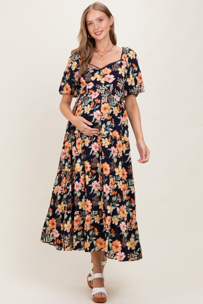navy floral tiered puff sleeve maternity maxi dress