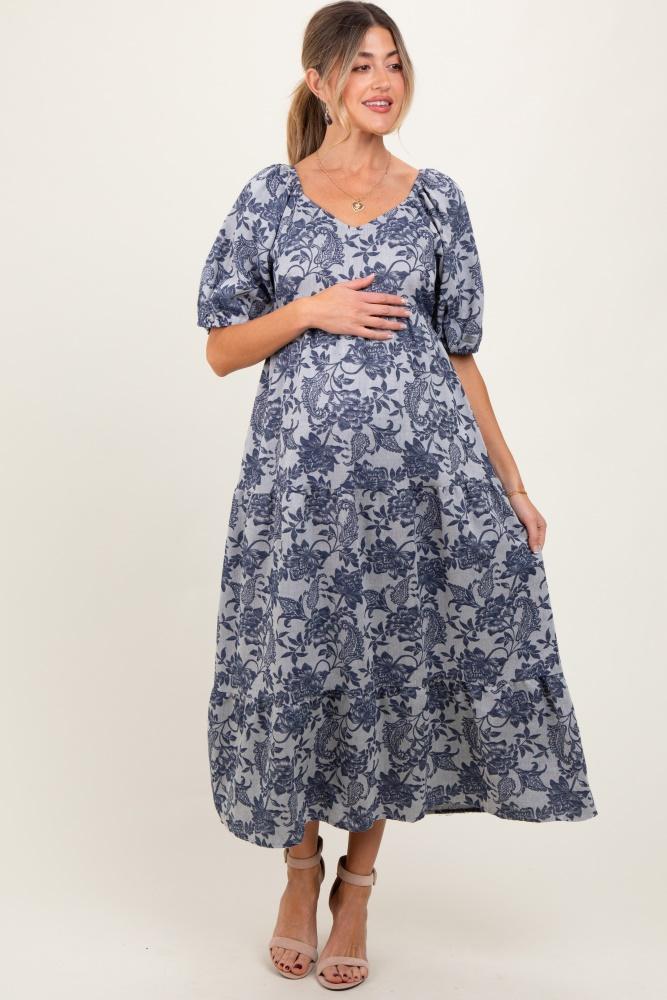 navy floral tiered puff sleeve maternity midi dress