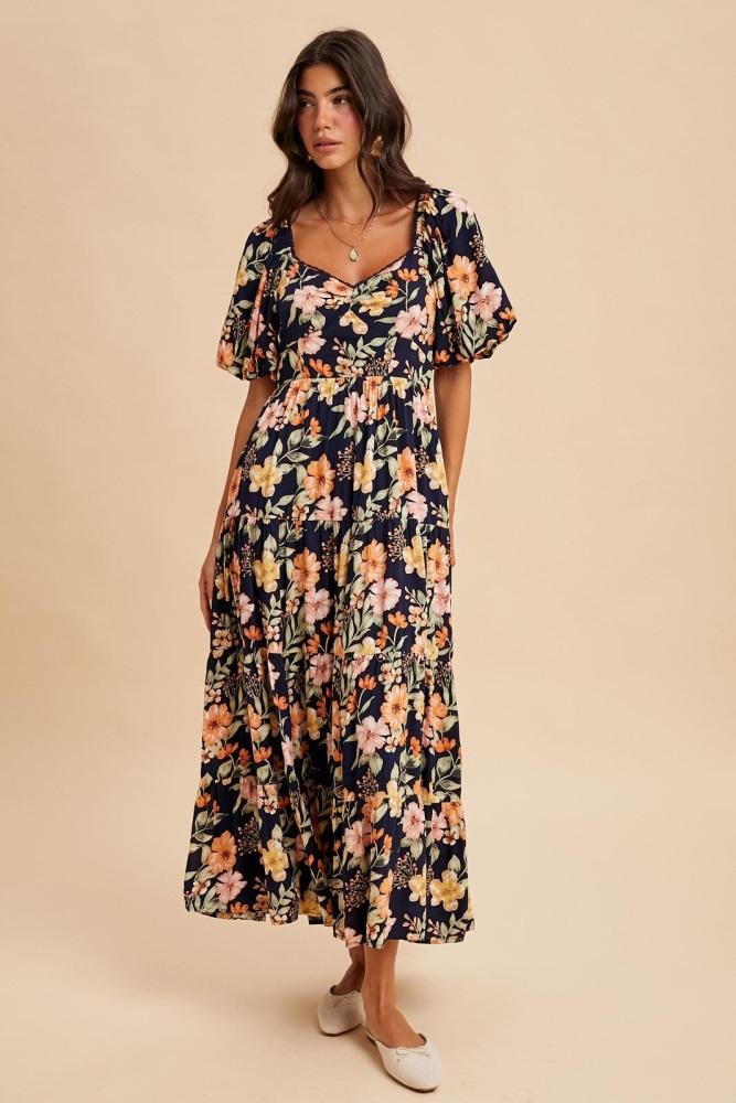 navy floral tiered puff sleeve maxi dress