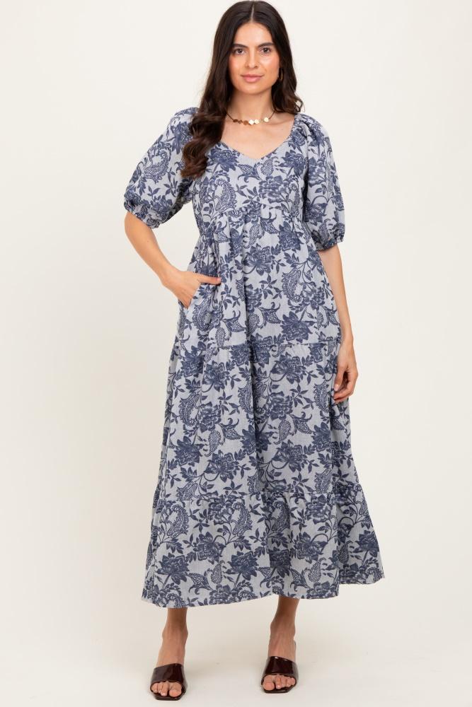 navy floral tiered puff sleeve midi dress