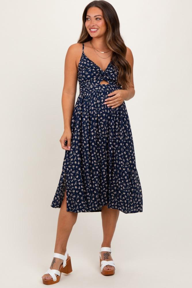 navy floral twist front cut out maternity midi dress