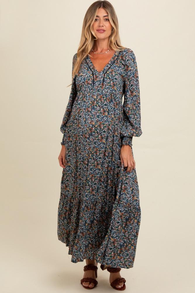 navy floral v-neck bubble sleeve maternity maxi dress