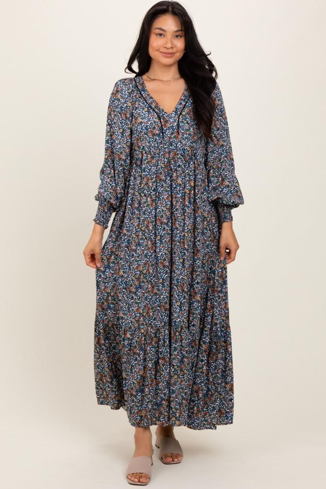navy floral v-neck bubble sleeve maxi dress