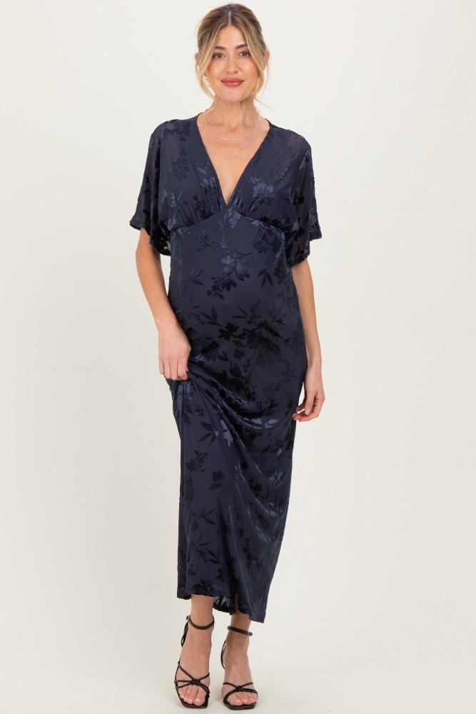 navy floral velvet v-neck short sleeve maternity maxi dress
