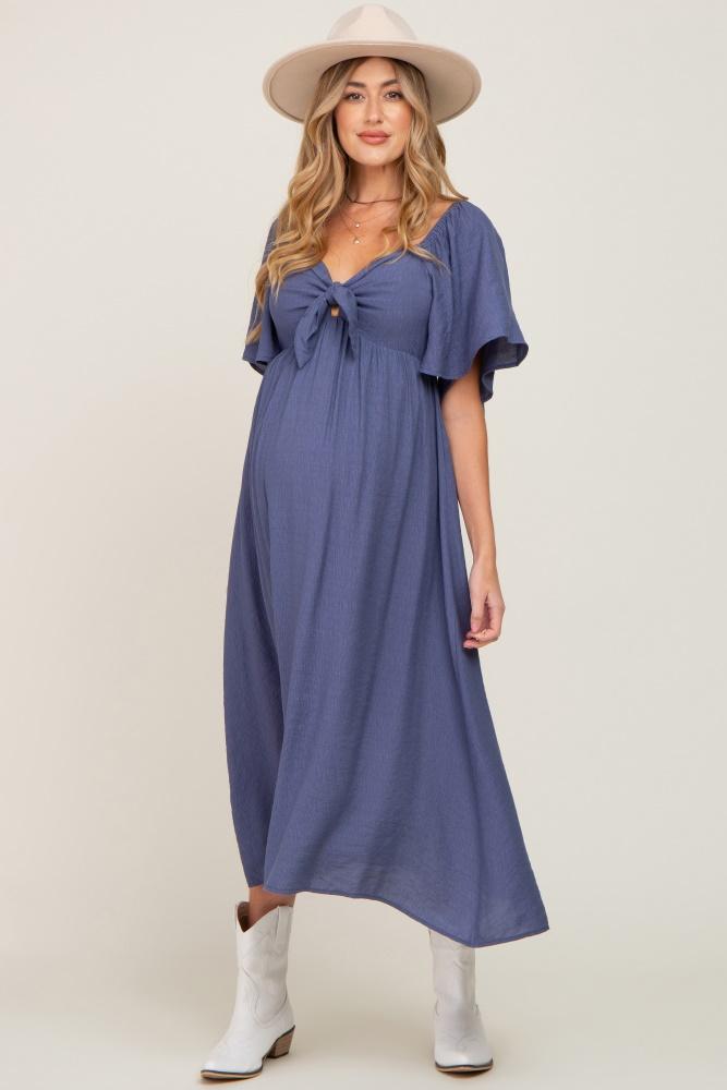 navy front tie ruffle sleeve maternity midi dress