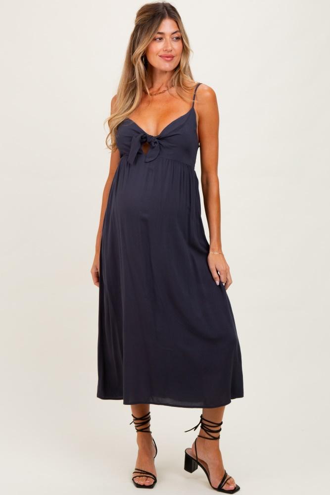 navy front tie sleeveless maternity midi dress