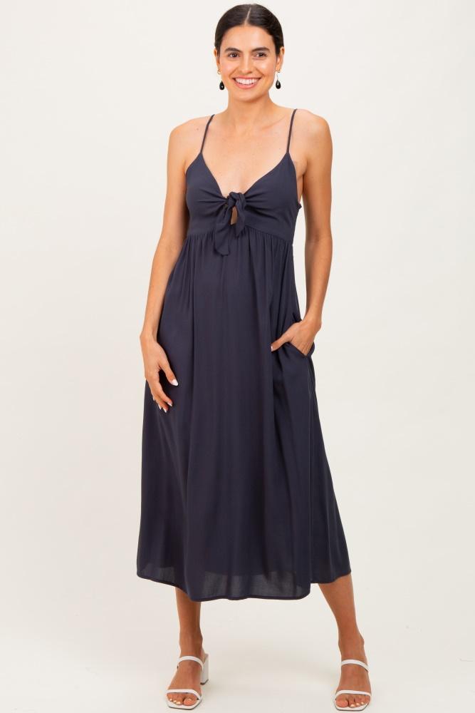 navy front tie sleeveless midi dress