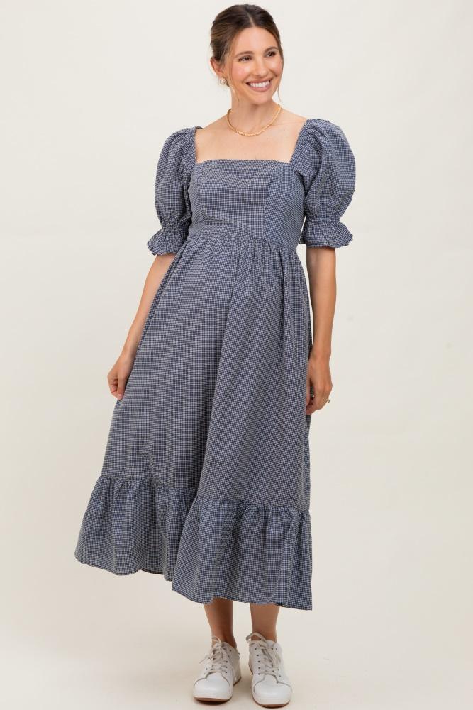 navy gingham square neck maternity midi dress