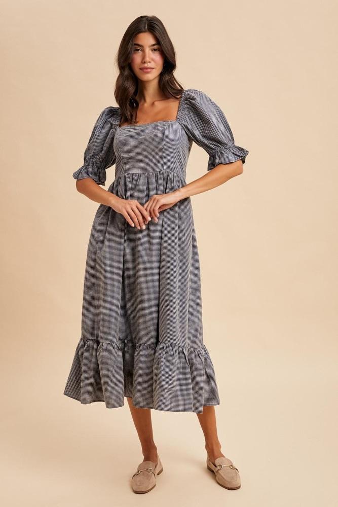 navy gingham square neck midi dress