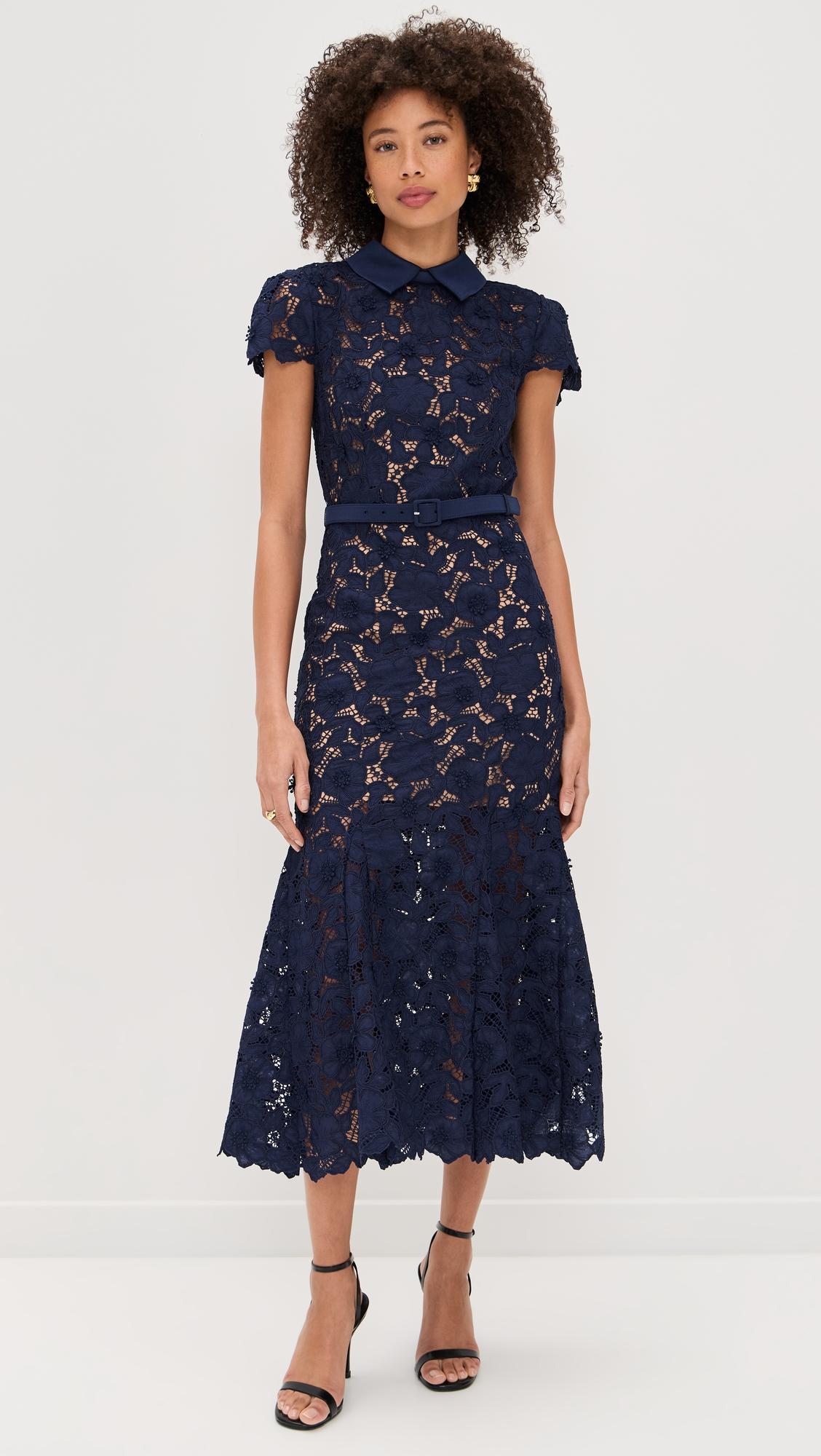 navy guipure lace midi dress