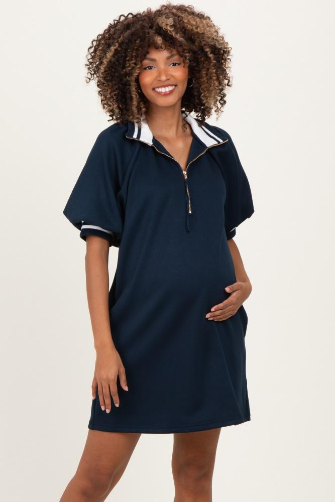 navy half zip puff sleeve maternity mini dress
