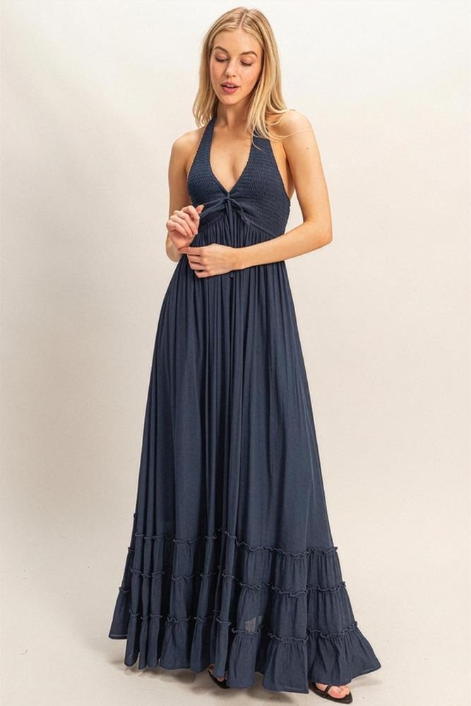 navy halter neck smocked maxi dress
