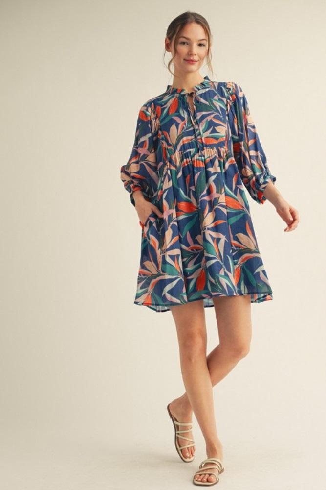 navy leaf print front tie 3/4 sleeve dress