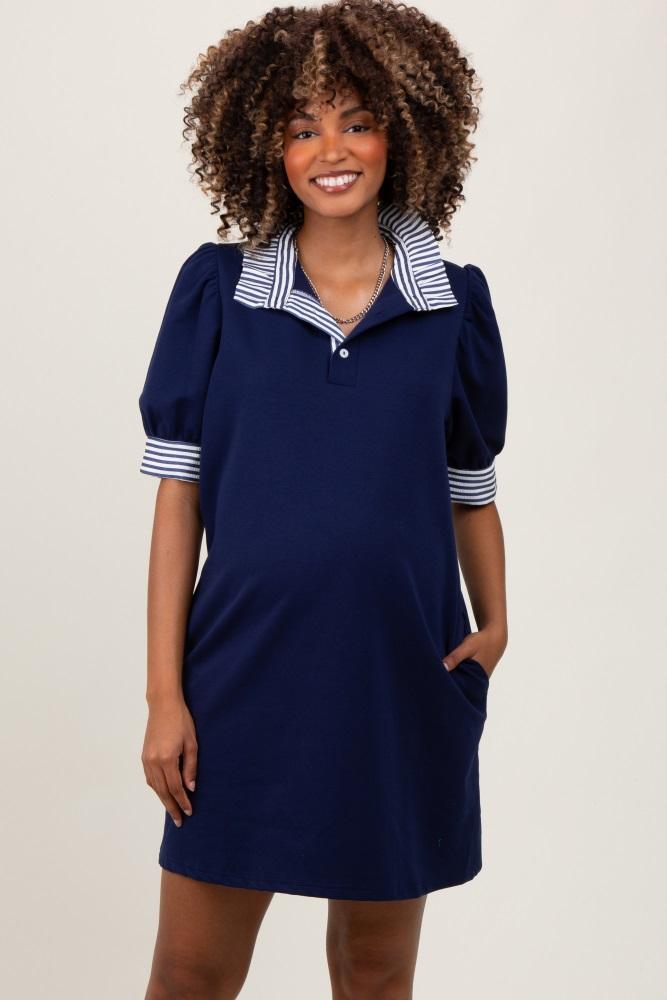 navy mock neck contrast striped trim maternity mini dress