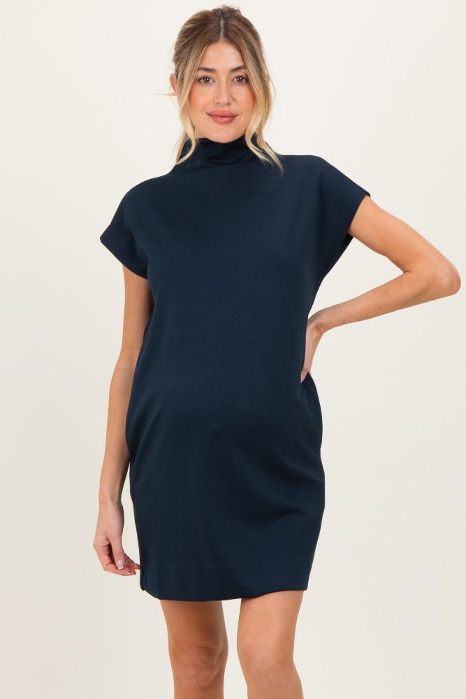 navy mock neck maternity mini dress