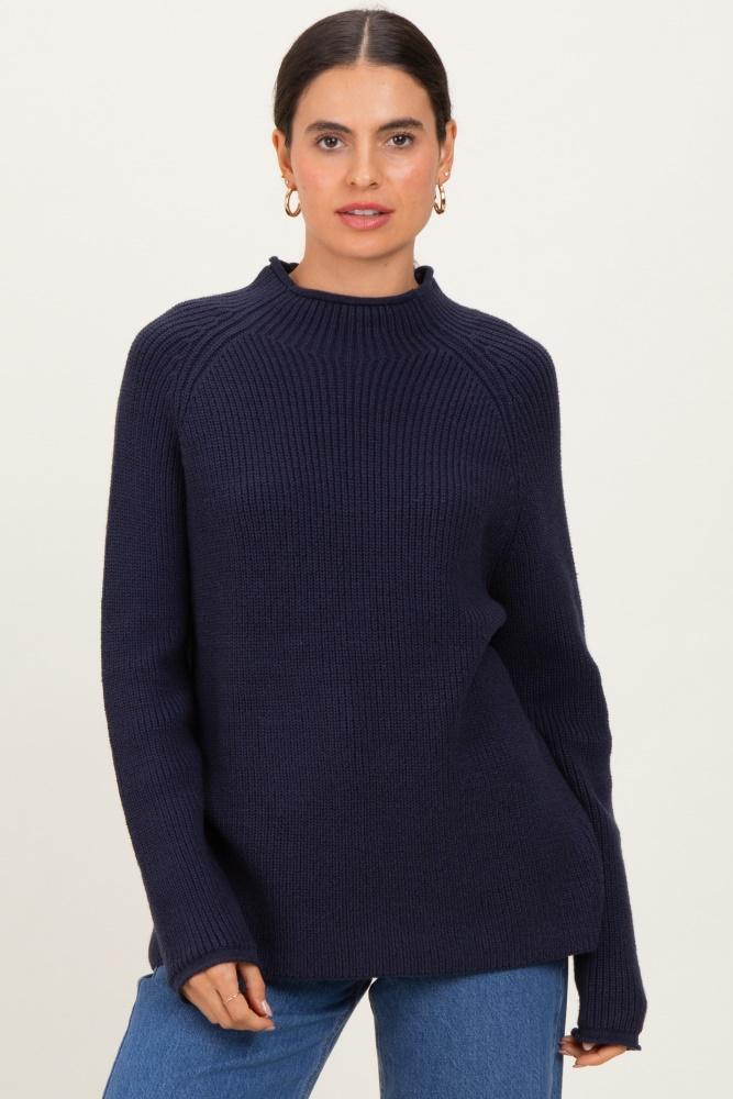 navy mock neck ribbed knit basic sweater top