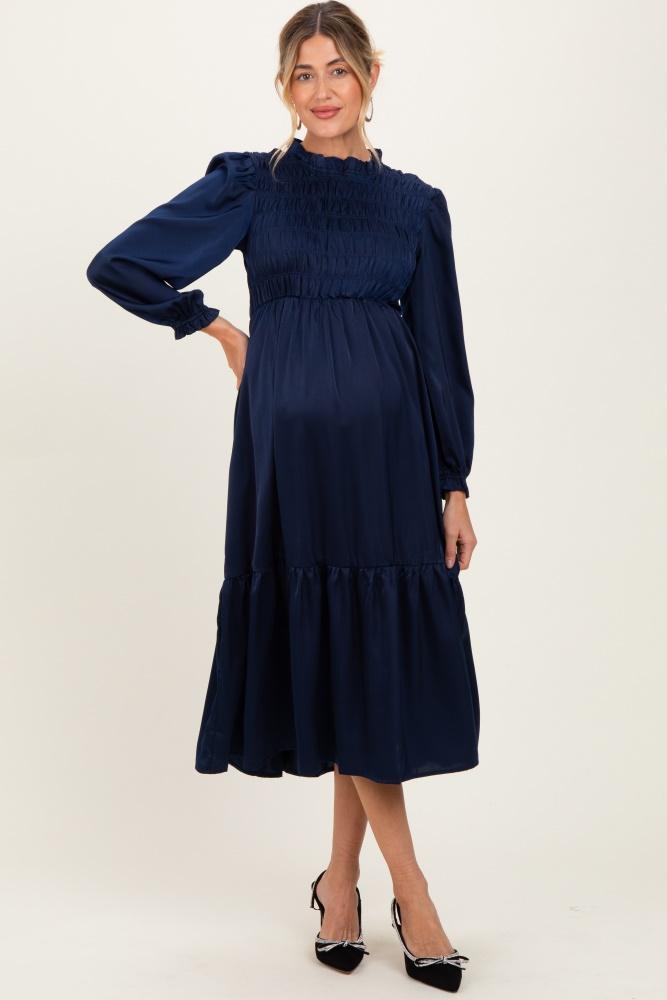 navy mock neck satin smocked chest maternity dress
