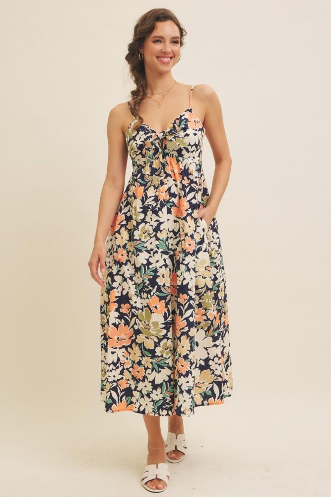 navy multi floral front tie sleeveless midi dress