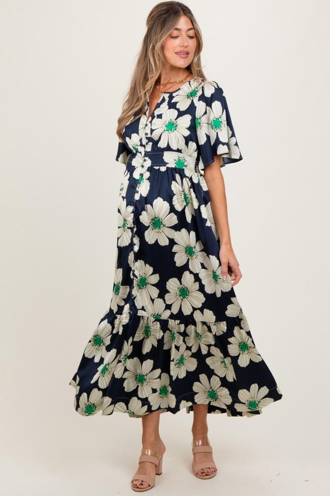 navy notched collar floral button down maternity maxi dress
