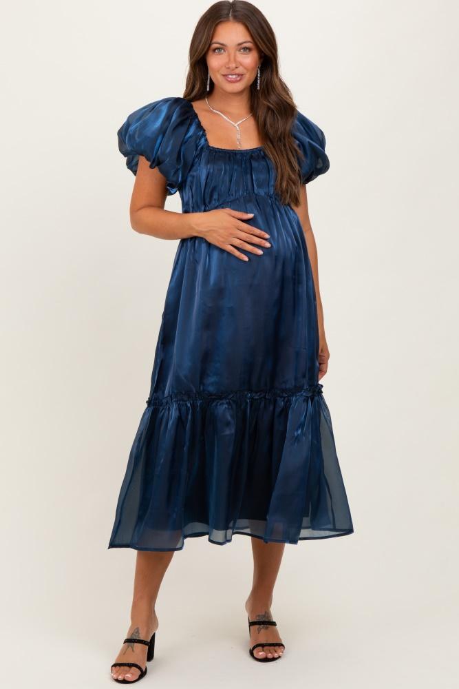 navy organza puff sleeve maternity midi dress