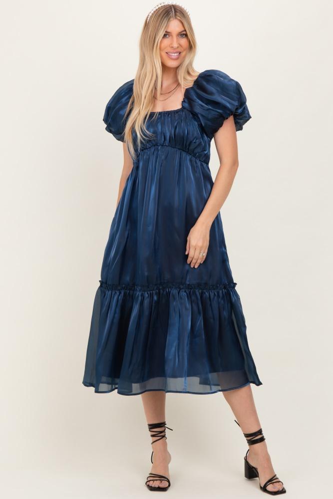 navy organza puff sleeve midi dress