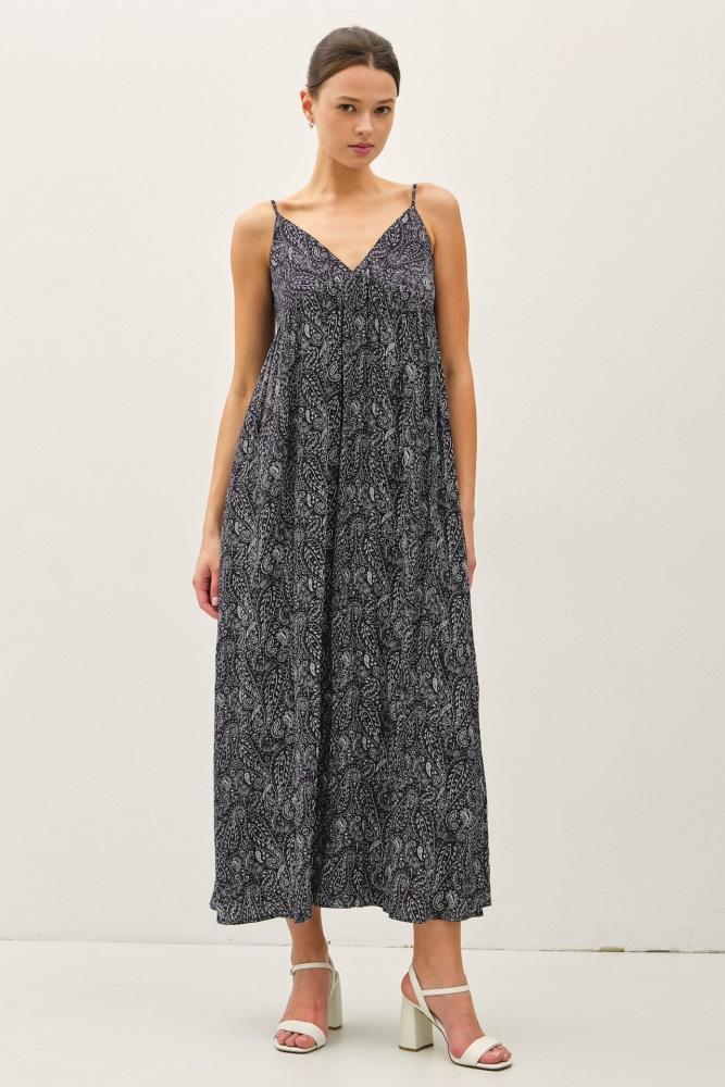 navy paisley print sleeveless side slit maxi dress