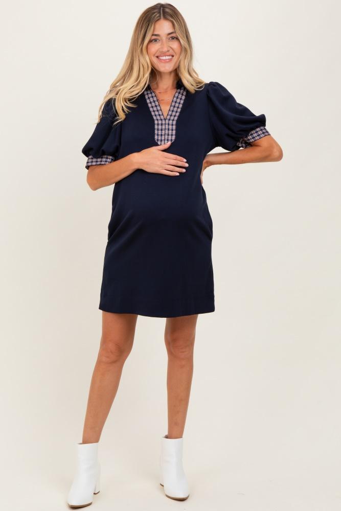navy plaid accent puff sleeve maternity mini dress