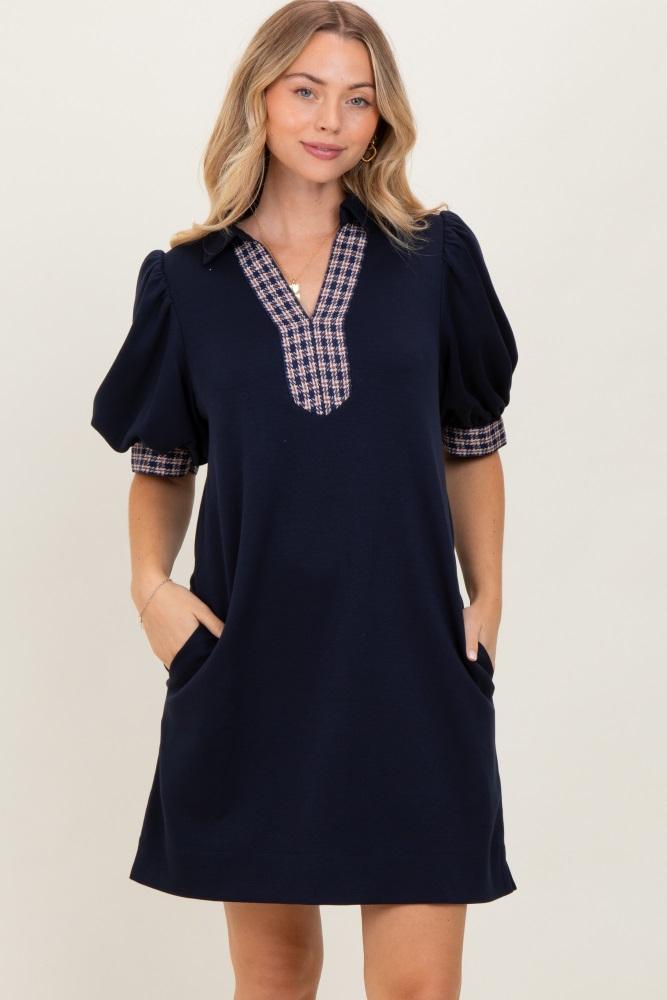 navy plaid accent puff sleeve mini dress