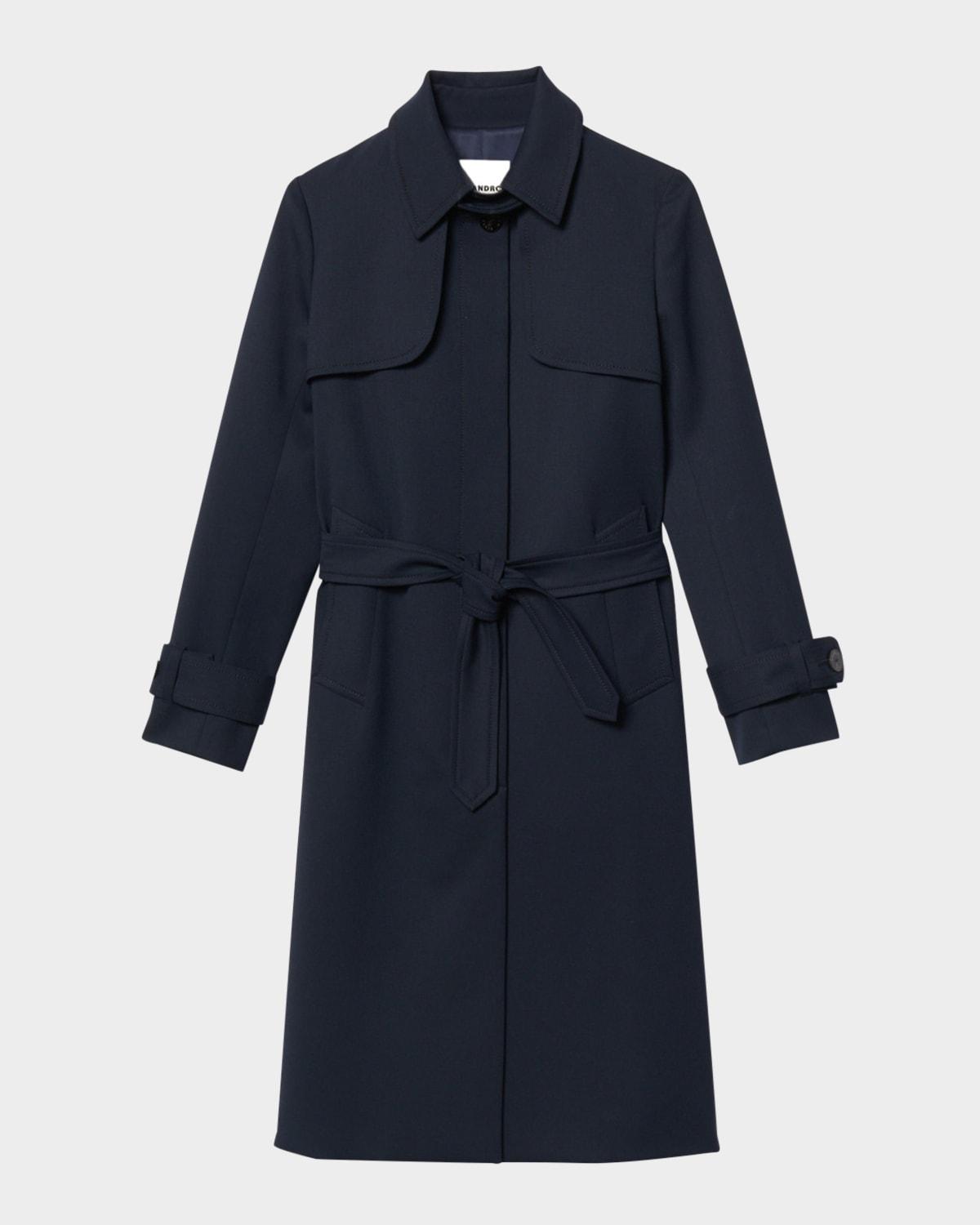 navy pleated-back belted trench coat