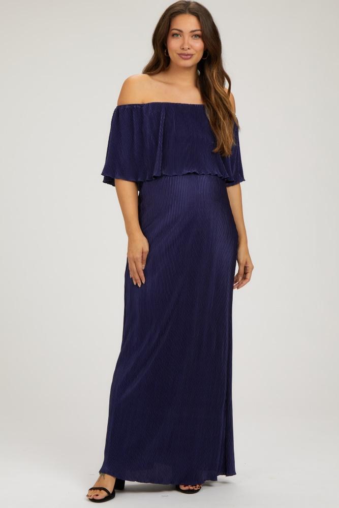 navy pleated ruffle off shoulder maternity maxi dress