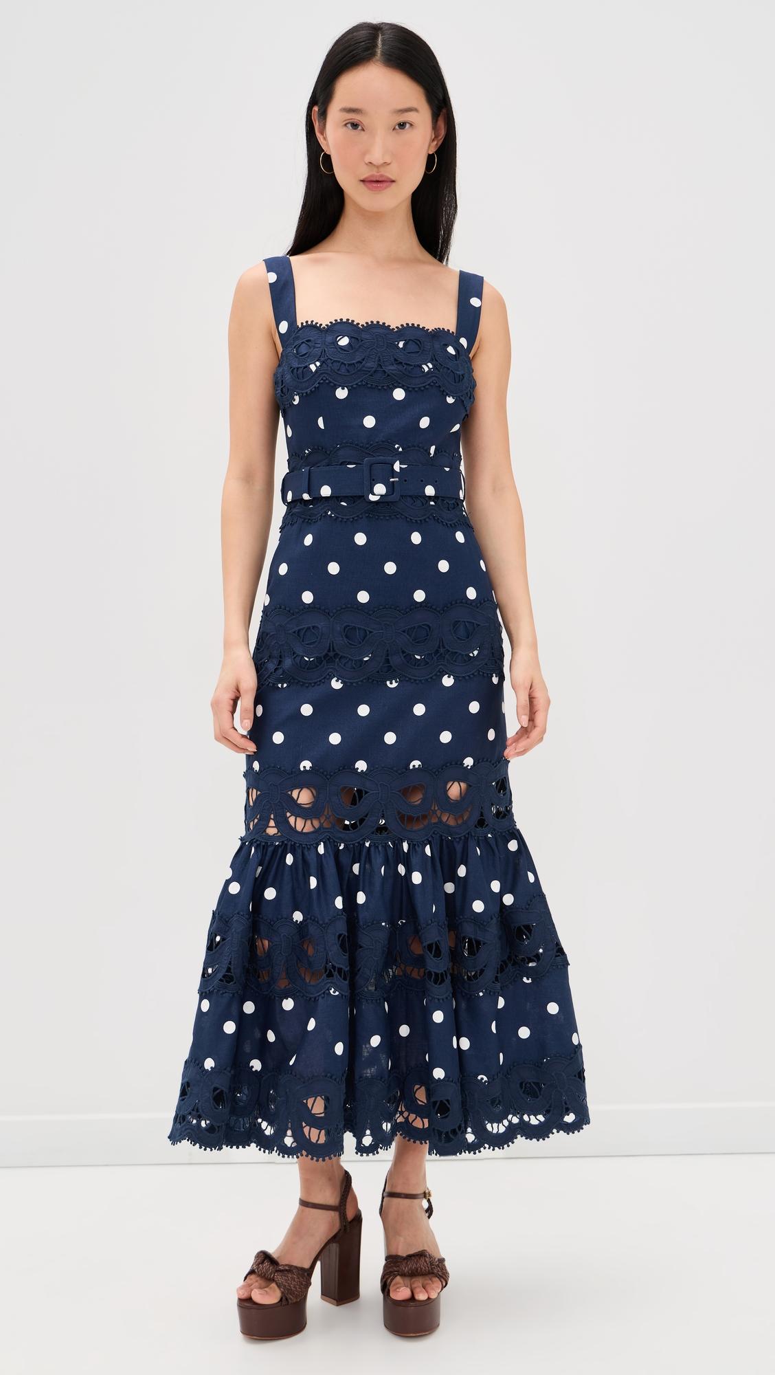 navy polka dot midi dress