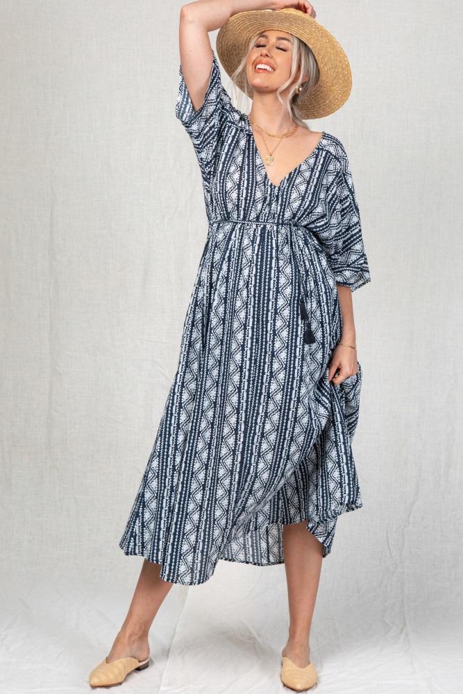 navy printed v-neck maternity midi dress