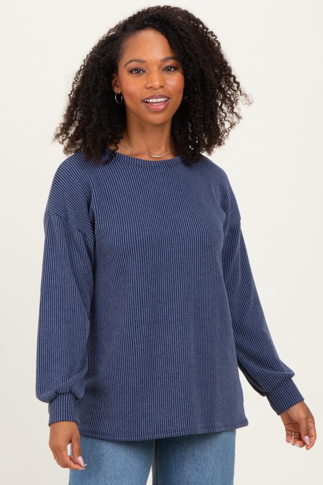 navy puff sleeve solid ribbed top